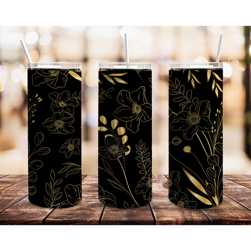 Black & Gold Wild Flowersr Tumbler, Black & Gold Wild Flowersr Skinny Tumbler.png