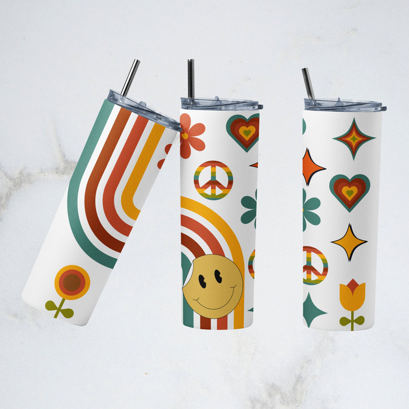 Retro Rainbow Stars and Flower 20 oz Skinny Tumbler PNG Sublimation Design Digital Download.jpg