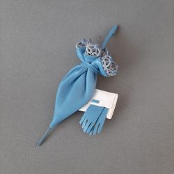 Blue leather brooch umbrella for her , 3rd anniversary gift for wife, Leather women's jewelry