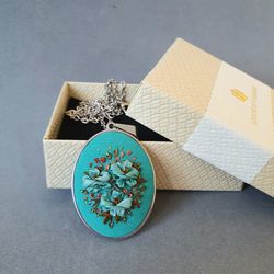 Ribbon embroidered turquoise pendant for her,  4th wedding anniversary gift, custom embroidery bouquet