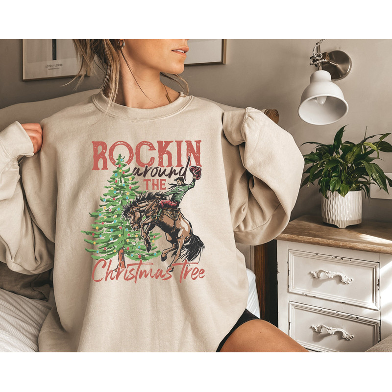 Rocking Around The Christmas Tree Sweatshirt,Retro Christmas Western Shirt,Cowboy Christmas Shirt,Yee Haw Howdy Christmas,Women's Christmas - 1.jpg