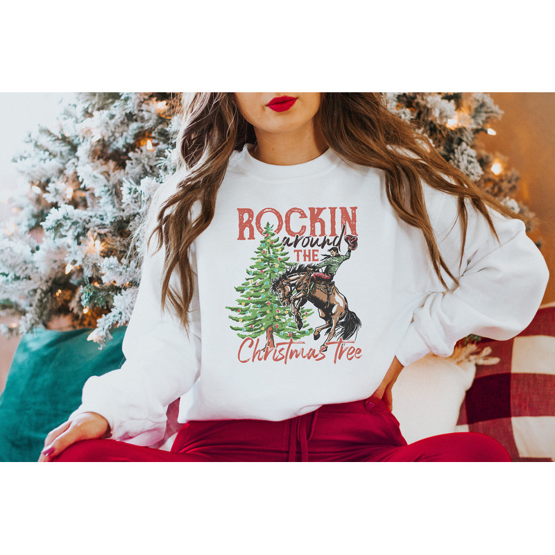 Rocking Around The Christmas Tree Sweatshirt,Retro Christmas Western Shirt,Cowboy Christmas Shirt,Yee Haw Howdy Christmas,Women's Christmas - 3.jpg