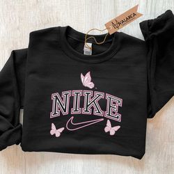 pink butterfly nike brand embroidered sweatshirt, brand embroidered crewneck, custom brand embroidered sweatshirt