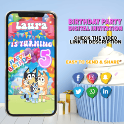 BLUEY video invitation for boy or girl, Birthday animated invite, Party celebration invitation for guests, Bluey Bingo