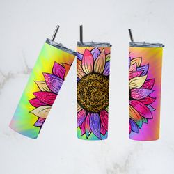 tie dye sunflower rainbow tumbler, tie dye sunflower rainbow skinny tumbler