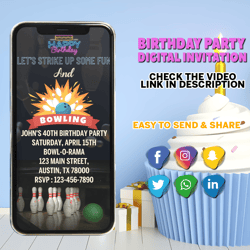 Bowling Party Video Invitation, Editable Bowling Text Invite, Canva Template, Digital Invite, Instant Access, Editable
