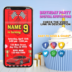 Cars Birthday Video Invitation, Digital Boy Cars Birthday Party, Animated Race Car Mobile Invite, Instant Download Race
