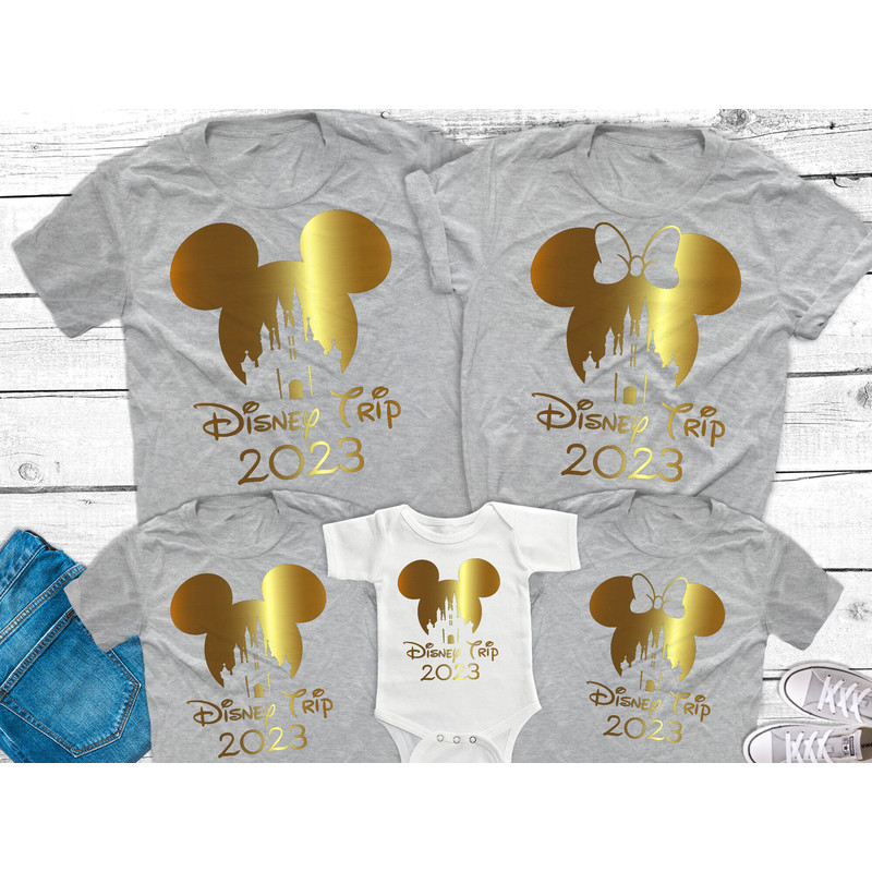 Disney Castle Family Trip 2023 Shirts, Disneyworld Gold Foil Shirts Mickey and Minnie Family shirts First Disney Trip matching Family shirts - 2.jpg