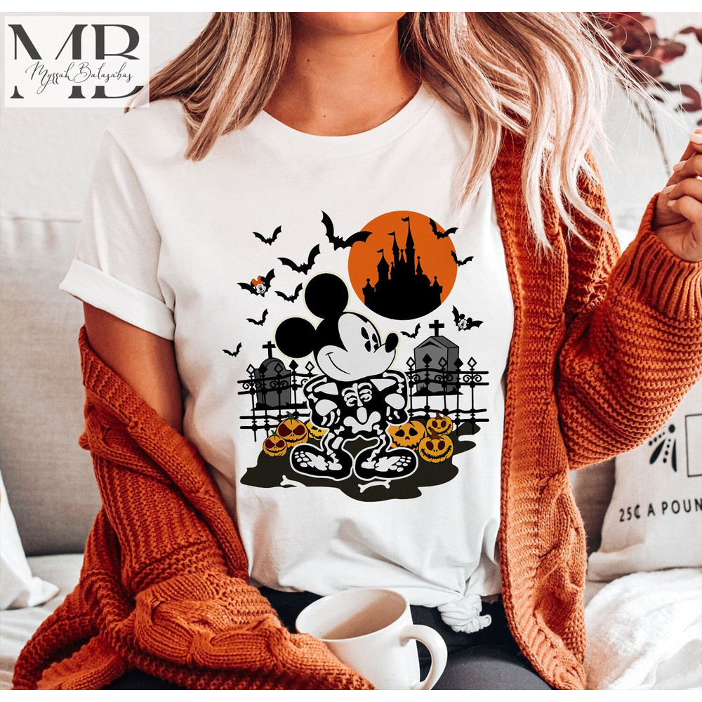 Disney Mickey Mouse Halloween Skeleton Shirt, Mickey Not So Scary Halloween Shirt, Disney Skeleton Shirt, Disney Castle and Moon Shirt - 1.jpg