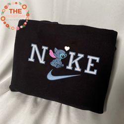 NIKE x Stitch Embroidered Sweatshirt, Lilo and Stitch Cartoon Brand Character Embroidered Crewneck, Custom Brand Embro