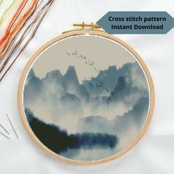 Foggy cross stitch pattern, Landscape cross stitch pattern, Nature embroidery, Instant download, Digital PDF