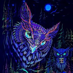 Art print Owls Tapestry art "Midnight Owls" Wall decor Glow UV gobelin Neon Blacklight backdrop Wall poster
