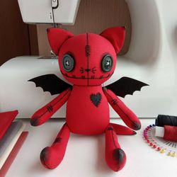 Art Doll Devil Cat Handmade, Spooky Cute Stuffed Animal