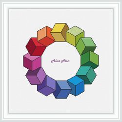Cross stitch pattern mandala geometric figure cubes abstract rainbow 3D mosaic colorful counted crossstitch patterns PDF