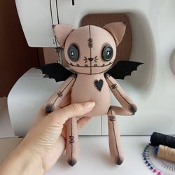 Goth Stuffed Animal Handmade - Cat With Bat Wings