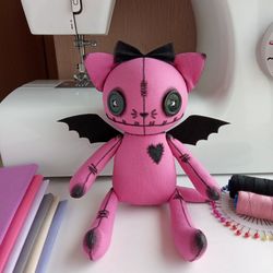 Handmade Goth Doll, Cat Bat Stuffed Animal