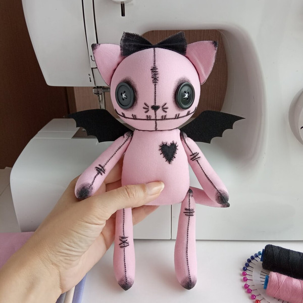 Pink-handmade-Stuffed-Cat-Girl-Pastel-Goth-Art-Doll