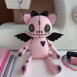 Pink Stuffed Cat Girl Handmade, Pastel Goth Art Doll