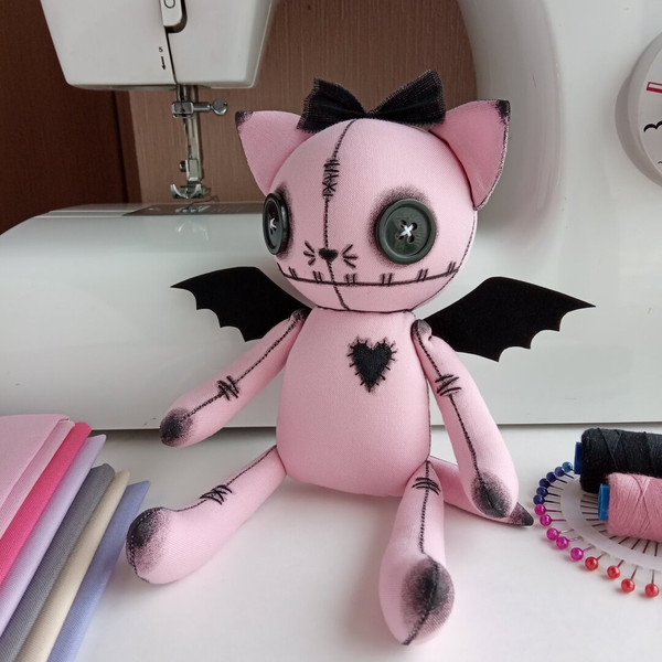 Pastel-Goth-Art-Doll-Pink-Stuffed-Cat-handmade