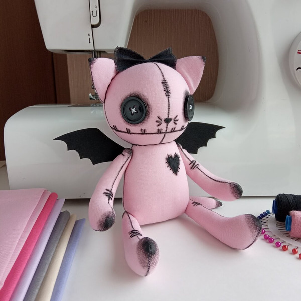 Handmade-Pastel-Goth-Art-Doll-Pink-Stuffed-Cat-Girl-
