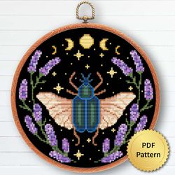 Cottagecore Scarab Bug with Flowers and Celestial Moon Cross Stitch Pattern