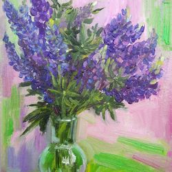lupins painting, floral still life art, beautiful small bloom oil painting