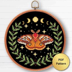 Cottagecore Emperor Moth with Flowers and Celestial Moon Cross Stitch Pattern