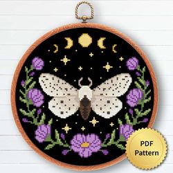 Cottagecore White Ermine Moth with Flowers and Celestial Moon Cross Stitch Pattern