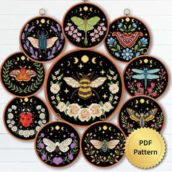 Cottagecore Moth, Bee, Scarab, Lady Bug, Dragonfly, Cicade, Flowers, Celestial Moon Cross Stitch Pattern. Set, Bundle