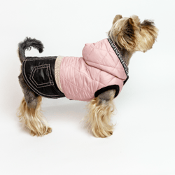 Soft Pink Costume for Fashionable small dog: Featuring a Black Skirt, Hood, and Cute Decorative Pockets