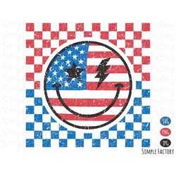 retro checkered star lightning american flag smiley face png, american smiley svg, 4th july png, vintage usa flag sublim