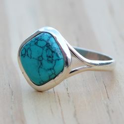 Dainty Turquoise Ring, Blue Stone Silver Women Ring, Turquoise Men Sterling Silver Ring, Gemstone Jewelry, Minimalist