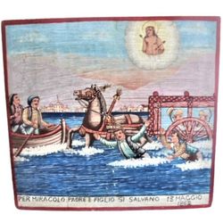 saint sebastian ex voto oil painting on wood sicily italy 1862 rescue of father & son carretto siciliano pupi sicilian c