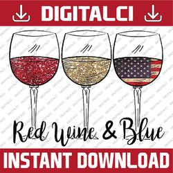 Red Wine & Blue 4th of July USA American Flag Wine Patriotic Png, Glitter Look wine, Patriotic Wine Glass Png