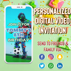 soccer birthday video invitation, soccer evite, soccer theme party, sports theme birthday, any age, video evite, boys
