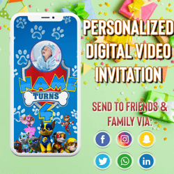 paw patrol birthday invitation, paw patrol video invitation, with free thank you tag, animated invitation, digital party