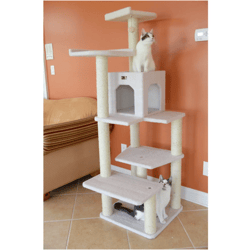 BOUSSAC 68-in Real Wood Cat Tree & Condo Scratching Post Tower, Ivory,solid and Stable Design Cat Tower