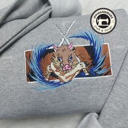 inosuke demon slayer embroidered sweatshirt, inspired anime embroidered sweatshirt, custom anime embroidered hoodie