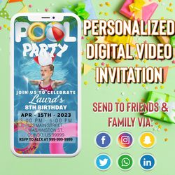 animated pool party birthday invitation | pool birthday evite video | pool party electronic invitation | canva template