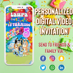 bluey video invitation for boy or girl, birthday animated invite, party celebration invitation for guests, bluey