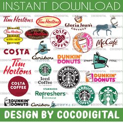 logo fashion brand bunlde: starbucks svg, dunkin' donuts svg, mccafe svg, tim hortons svg, gloria jean's carion coffee