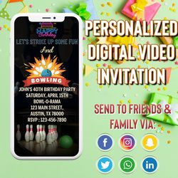 bowling party video invitation, editable bowling text invite, canva template, digital invite, instant access, editable
