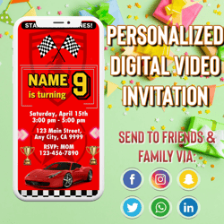 cars birthday video invitation, digital boy cars birthday party, animated race car mobile invite, instant download race