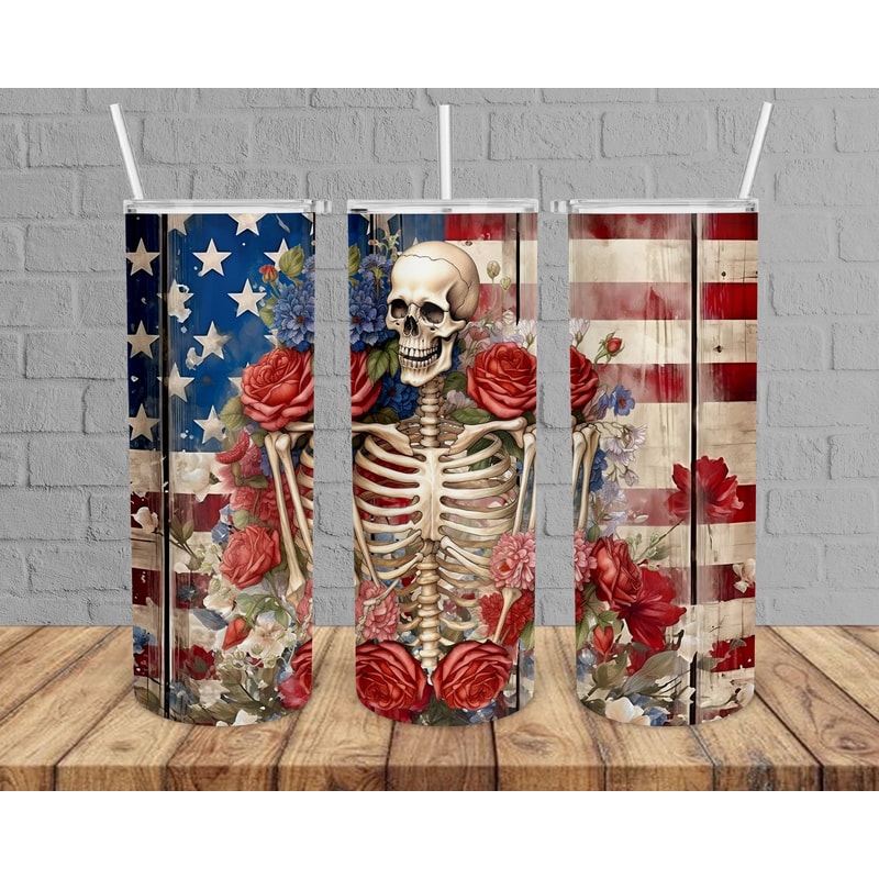 Floral Skeleton 4th Of July Tumbler, Skeleton 4th July, Halloween Tumbler, Floral Skinny Tumbler.jpg