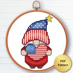 Funny USA Patriot Gnome Cross Stitch Pattern, Easy Cute 4th July America Independence Embroidery, Counted Chart, Modern