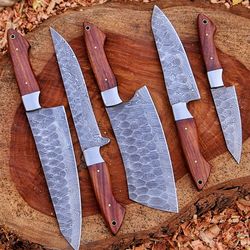 handmade damascus chef set, handforged blade and wooden handle of chef set