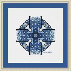 Cross stitch pattern catholic Cross silhouette celtic knot ornament ethnic religion faith monochrome blue patterns PDF