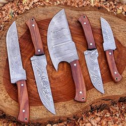 handmade curved blade damascus chef set, curved blade handforged blade and wooden handle of chef set for easy grip