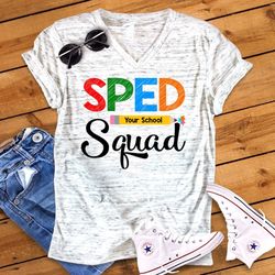 sped squad back to school special education teacher personalized graphic unisex v neck graphic tee t-shirt