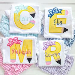 embroidered back to school set, applique pencil shirt, personalized first day of school outfit, pink seersucker ruffle s